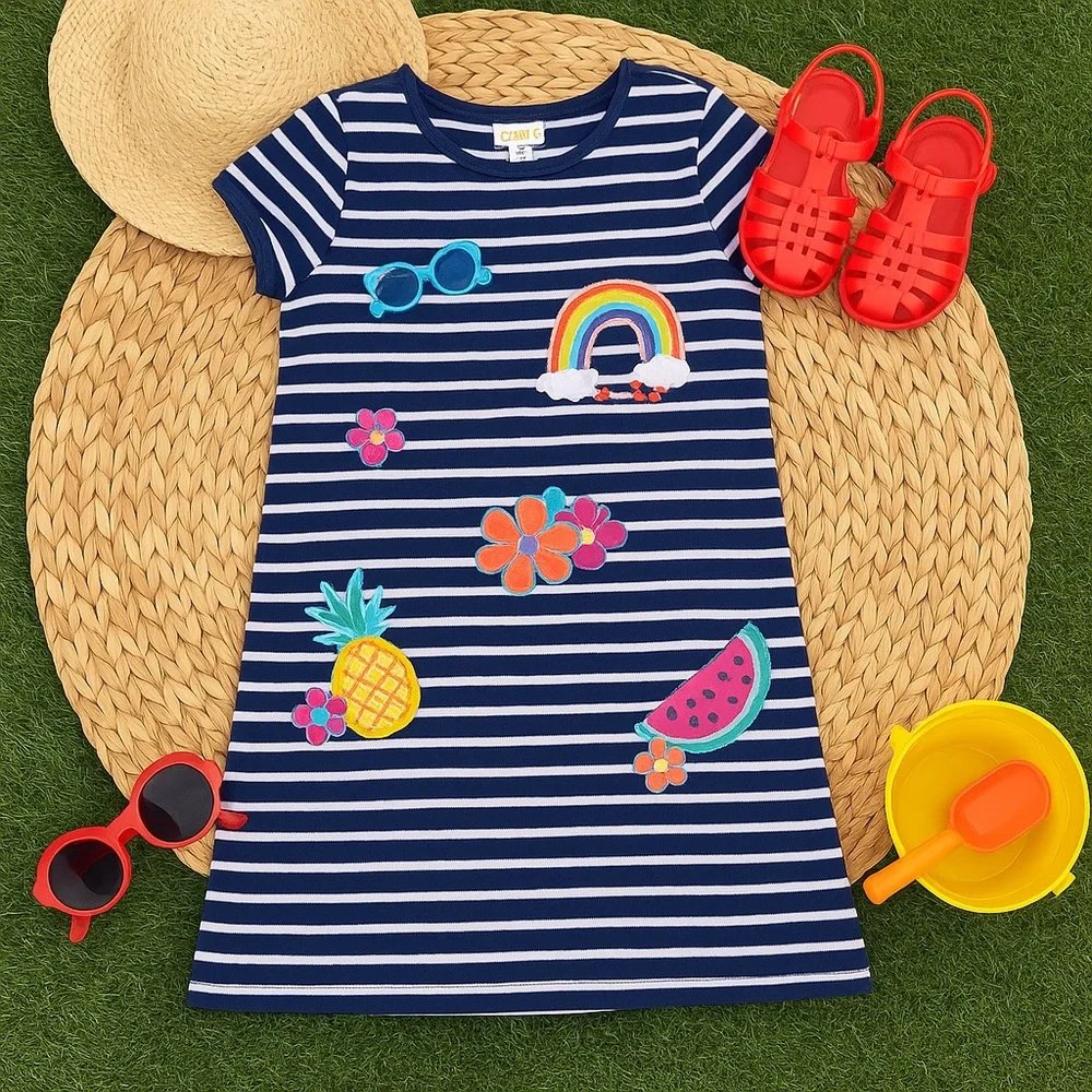 Gymboree Girls Striped Dress Size 10 Rainbow Fruit Applique Summer